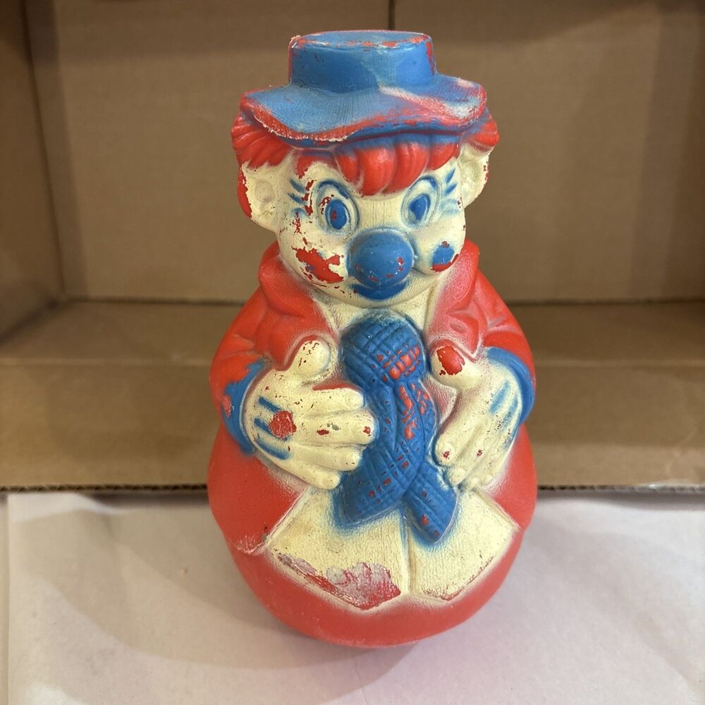 Vintage 1960 Knickerbocker Roly Poly Clown Circus Toy Plastic Rattle 7.5”